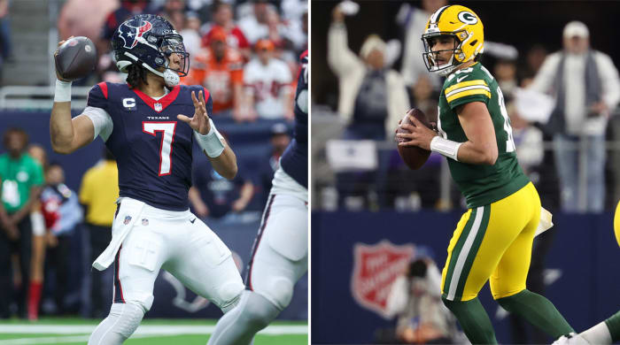 C.J. Stroud steps to open up to the side and throws the football; Jordan Love looks forward as he holds the ball between two hands